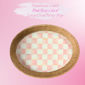 MacKenzie Childs Rattan Enamel Serving Tray Rosy Check Large Oval Pink